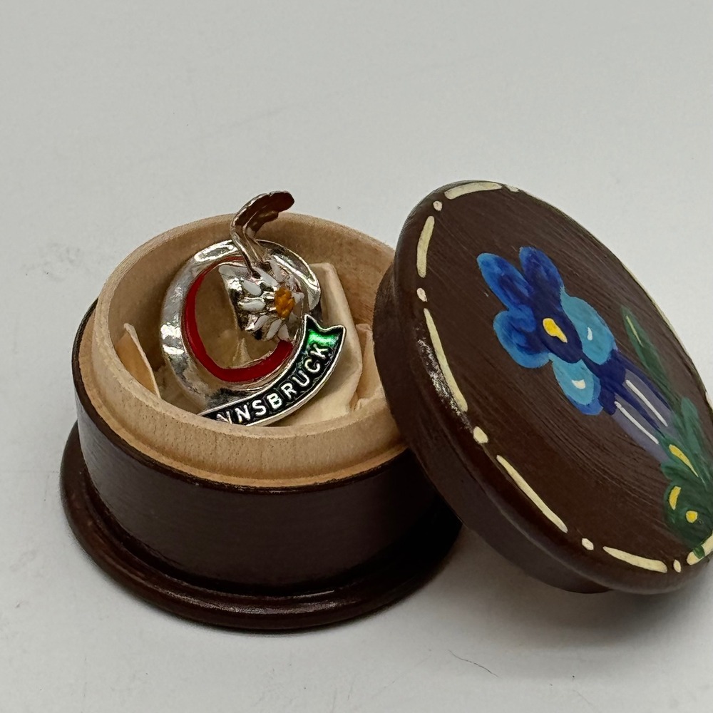 Vintage Austrian Innsbruck Hand Painted Wood Box Edelweiss Hat Pin Souvenir Set